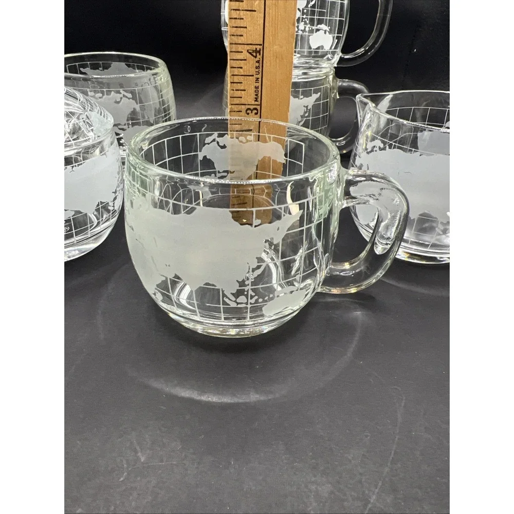 Vintage Nestle Nescafe Glass Coffee Mugs Set of 4 World Globe Creamer Sugar Lid